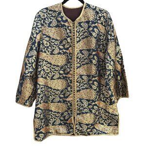 Vintage Handcrafted Gold Navy Brocade Peacock Embroidery Frog Closure Jacket